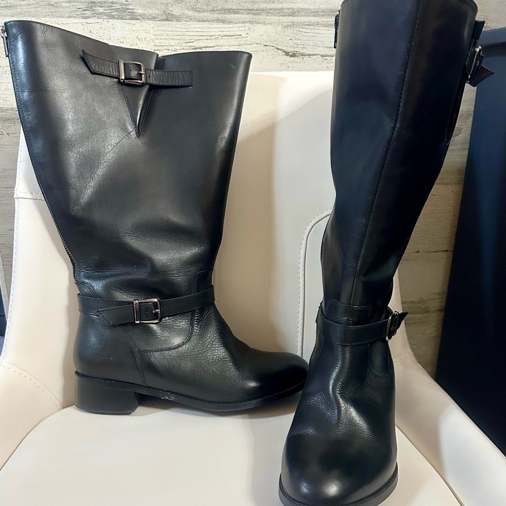 Black leather boots, worn once.  Size 10www, wide calf 21 inches.